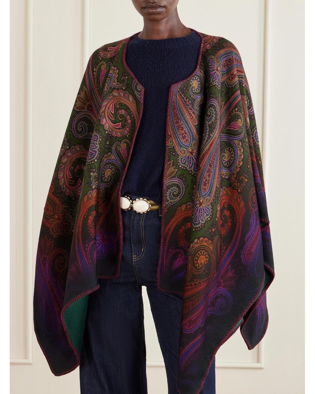 Etro Green Reversible Paisley-Jacquard Wool-Blend Cape