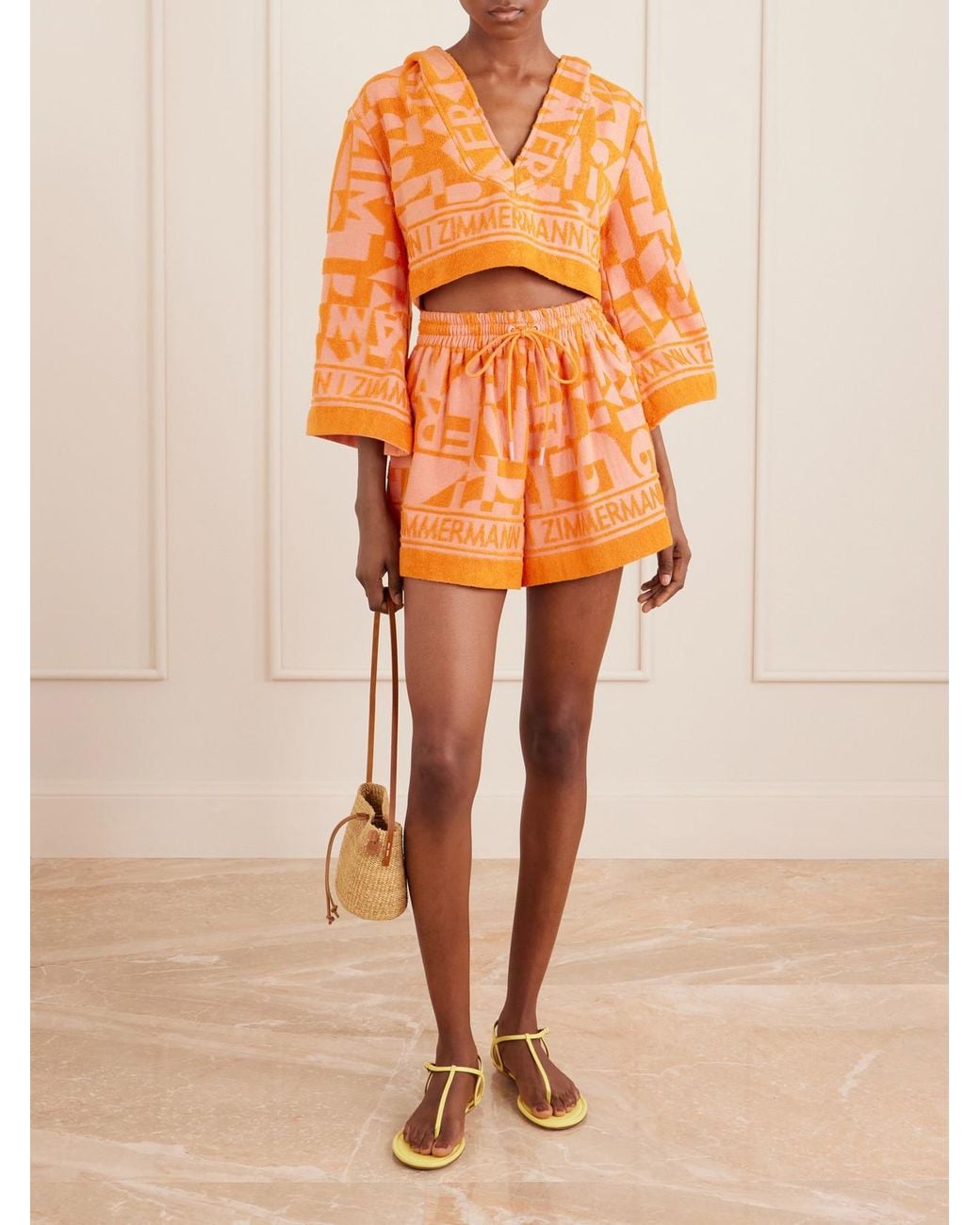 Zimmermann Orange Solstice Hooded Cropped Jacquard-Knit Cotton-Terry Top
