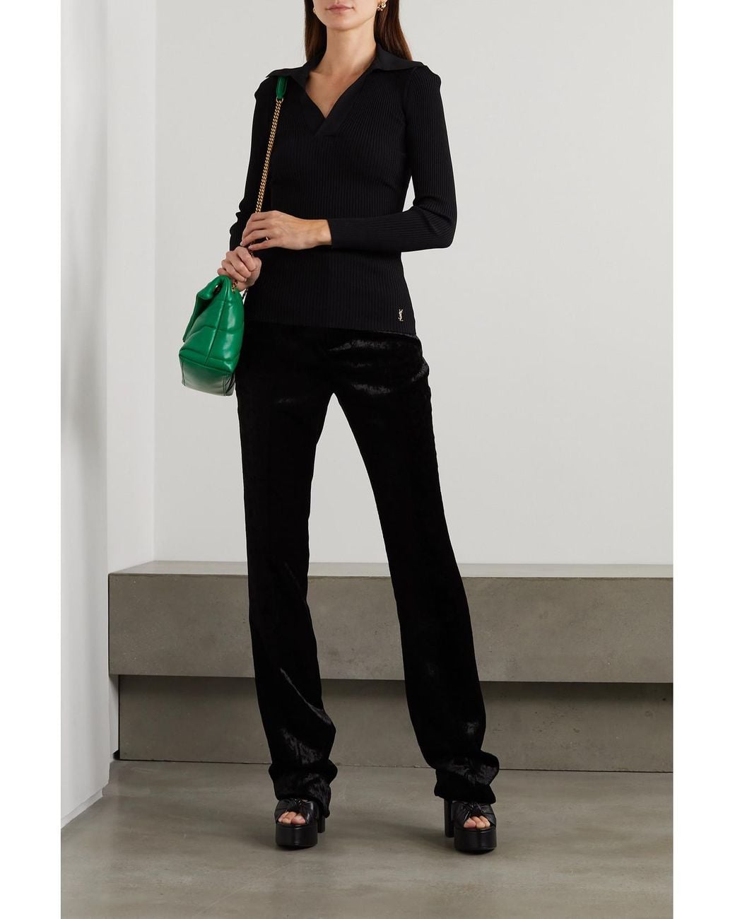 Saint Laurent Black Embellished Ribbed-Knit Polo Sweater