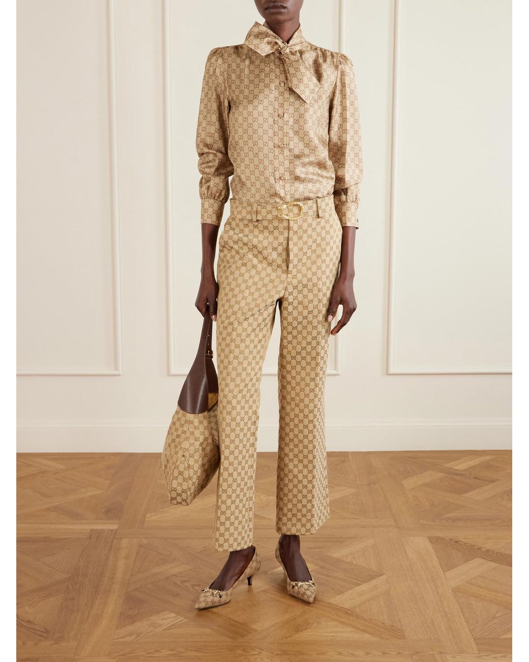Gucci Natural Belted Canvas-Jacquard Bootcut Pants