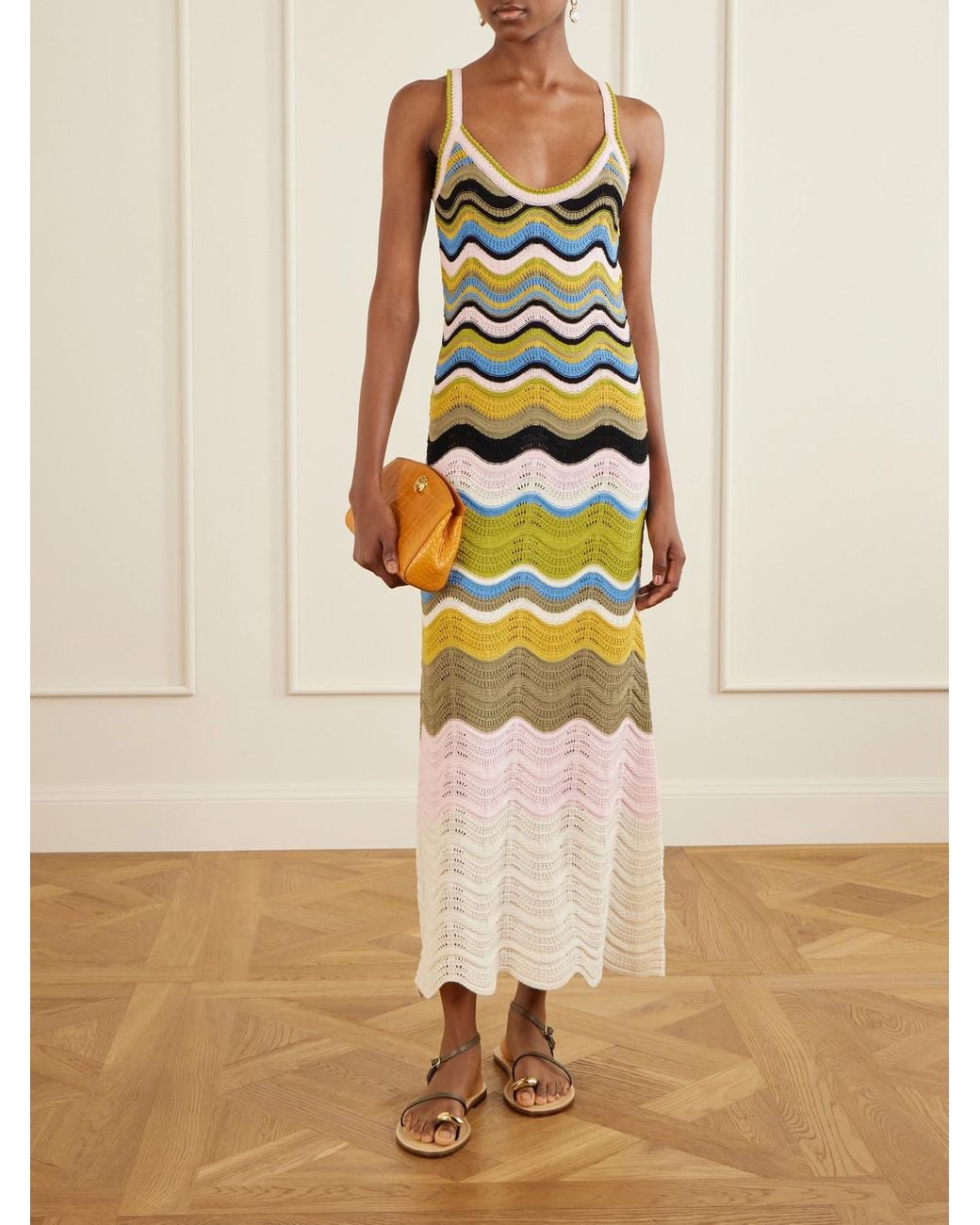 LaDoubleJ White Scalloped Striped Crocheted Cotton Maxi Dress