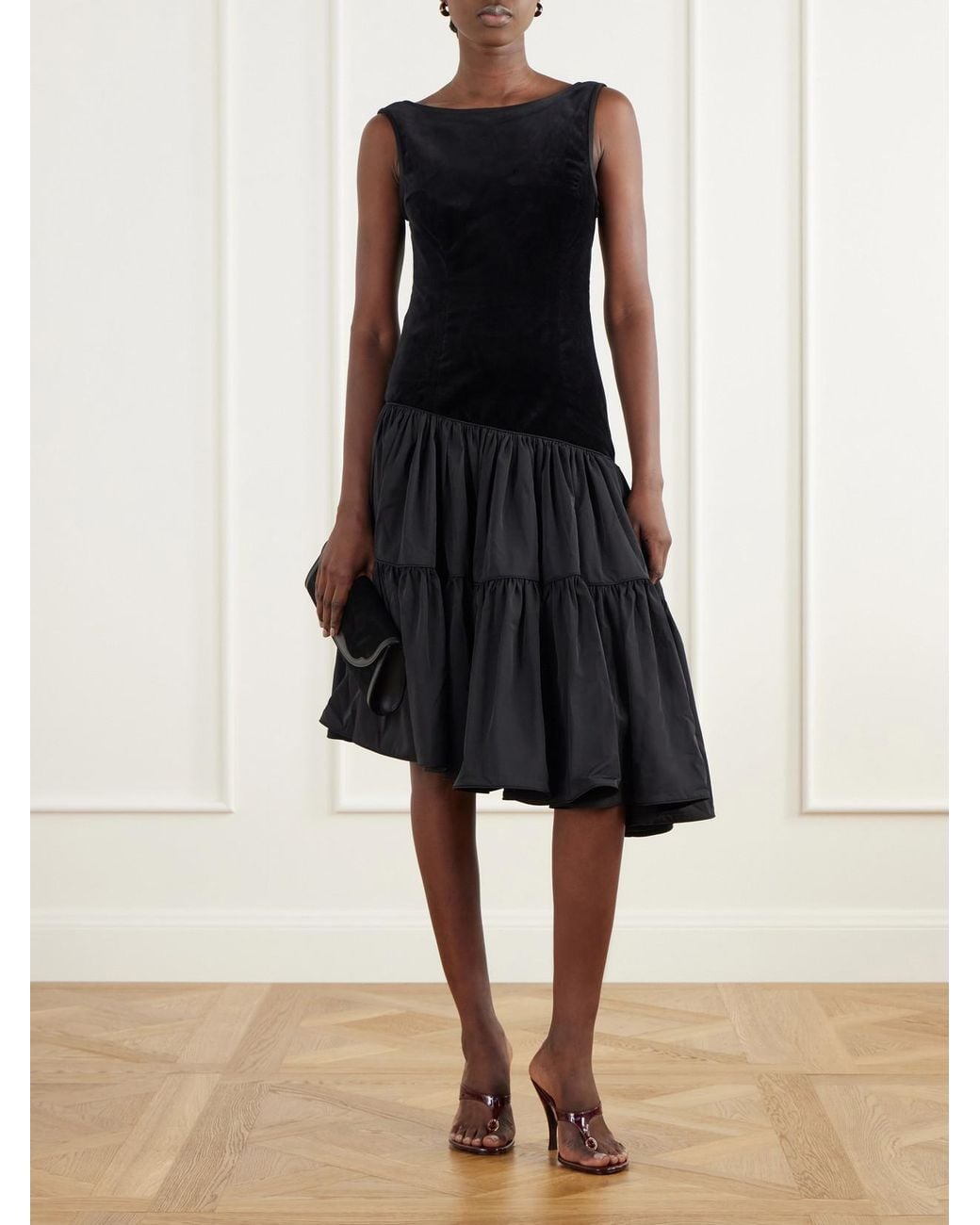 Posse Black Dean Asymmetric Tiered Cotton-Velvet Midi Dress