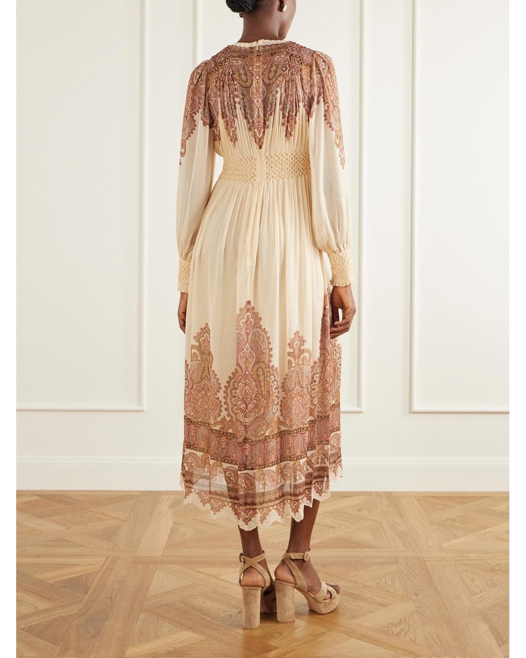 Zimmermann Natural Ascent Smocked Printed Georgette Midi Dress