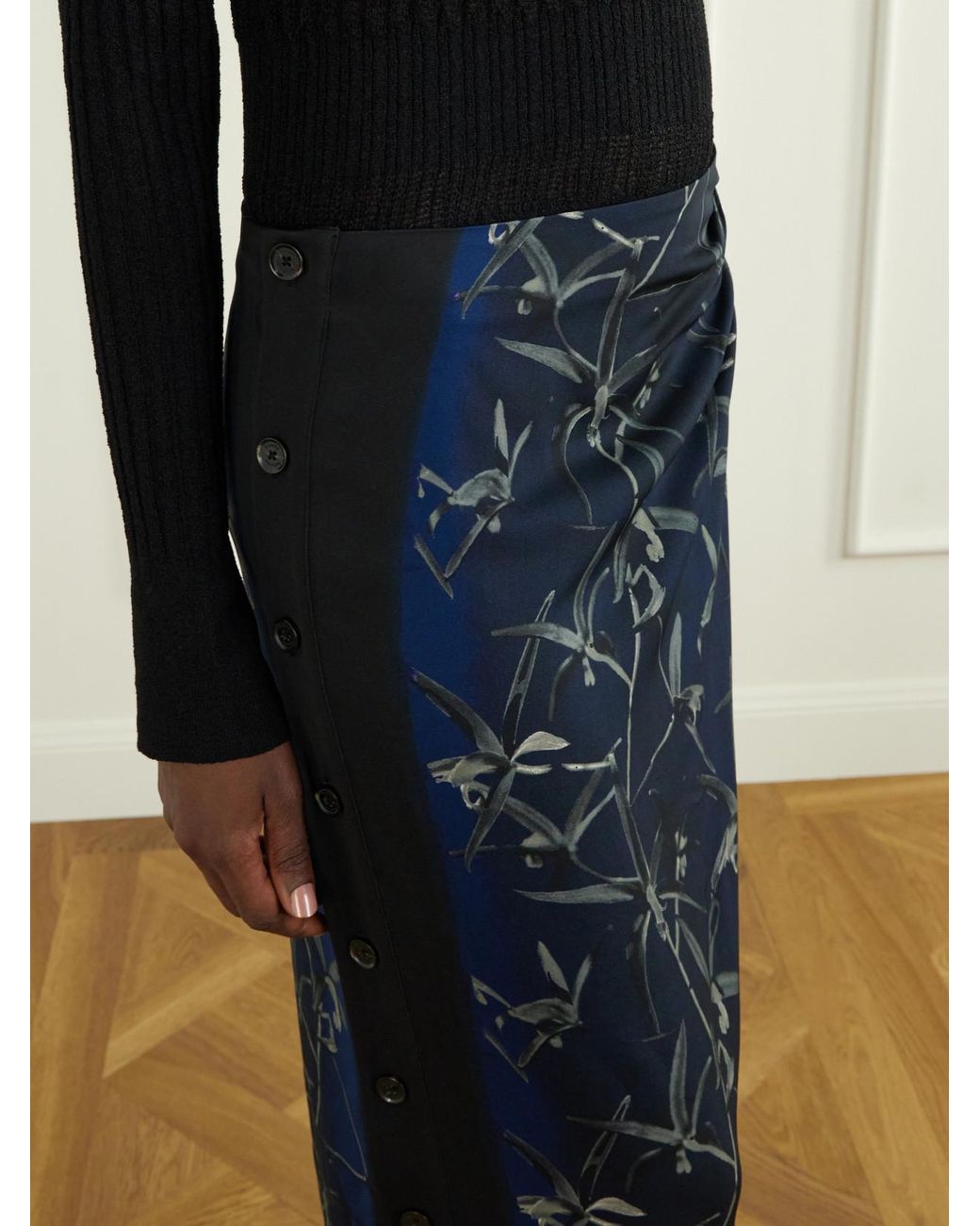Proenza Schouler Blue Anais Floral-Print Button-Detailed Gathered Stretch-Cady Skirt