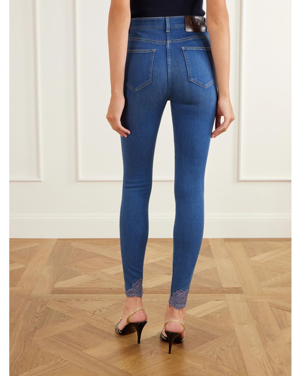 Valentino Garavani Blue Lace-Trimmed High-Rise Skinny-Leg Jeans