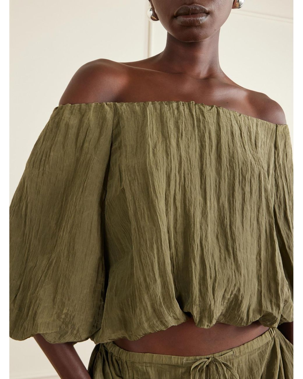 Jonathan Simkhai Green Anni Cropped Gathered Crepon Blouse