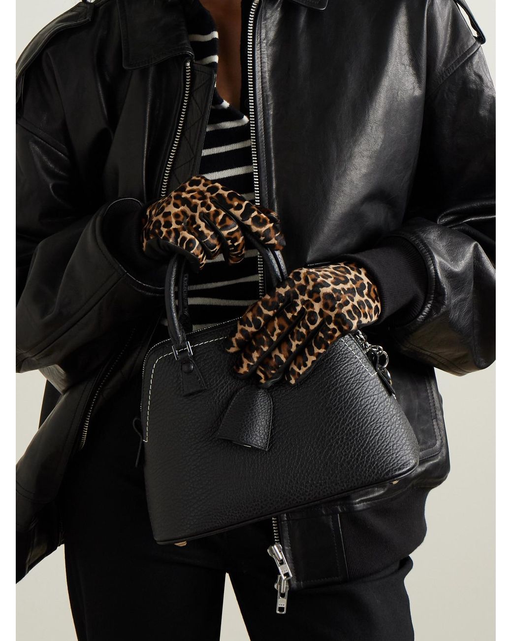 Agnelle Black Susan Leather And Leopard-Print Calf Hair Gloves