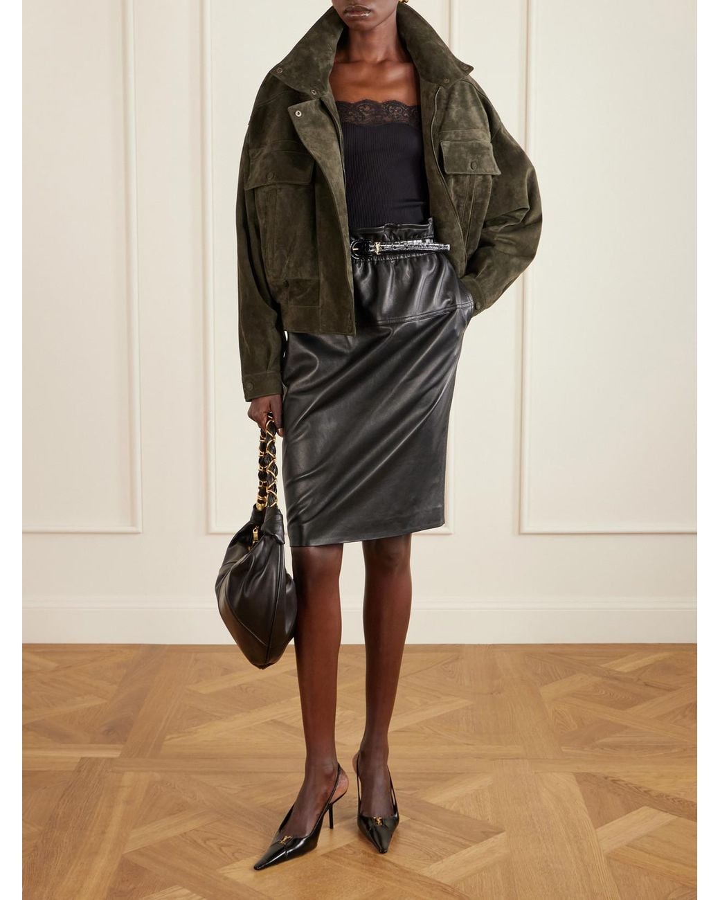 Saint Laurent Black Leather Midi Skirt