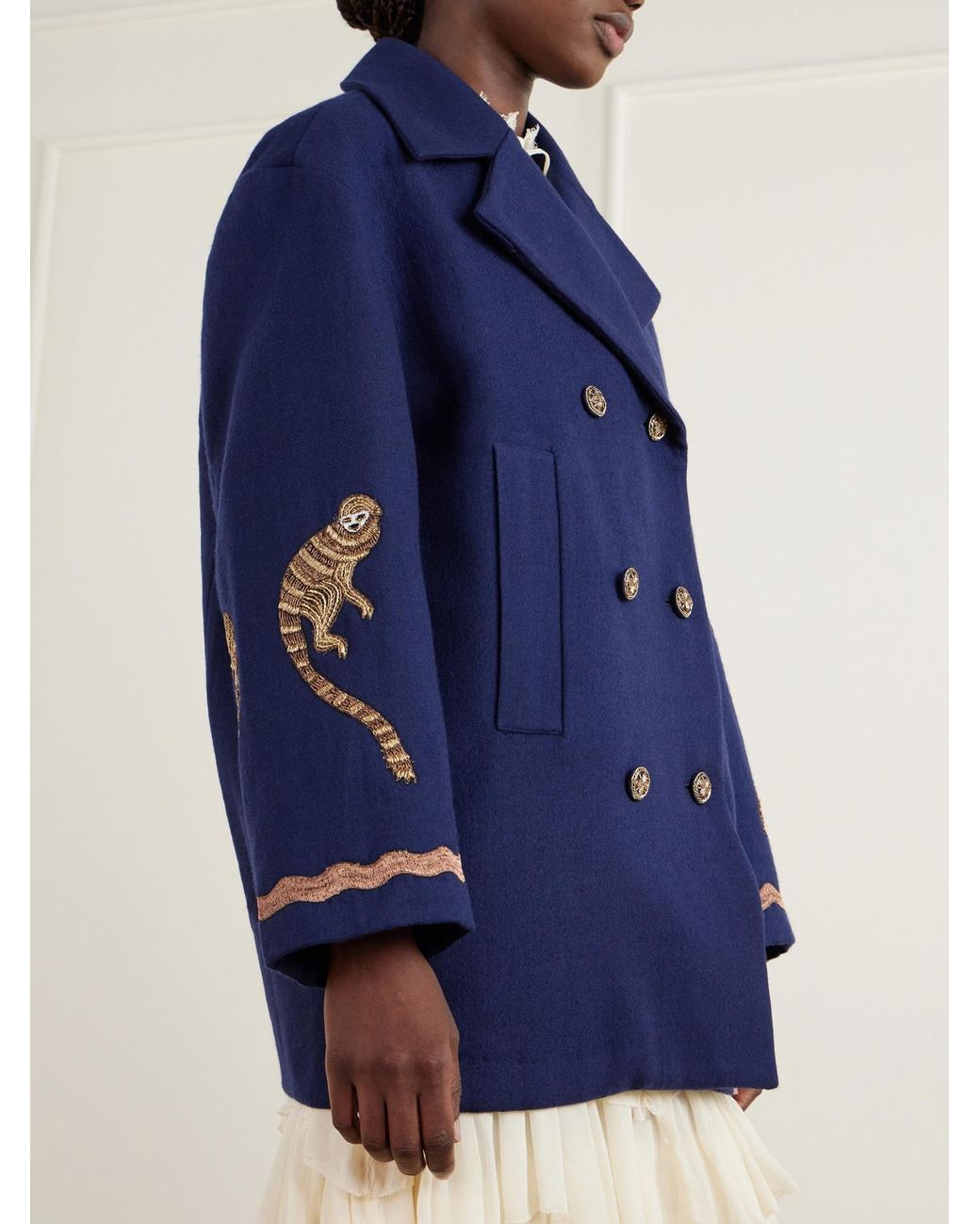 Alix Of Bohemia Blue Rivoli Embroidered Double-Breasted Wool-Twill Coat