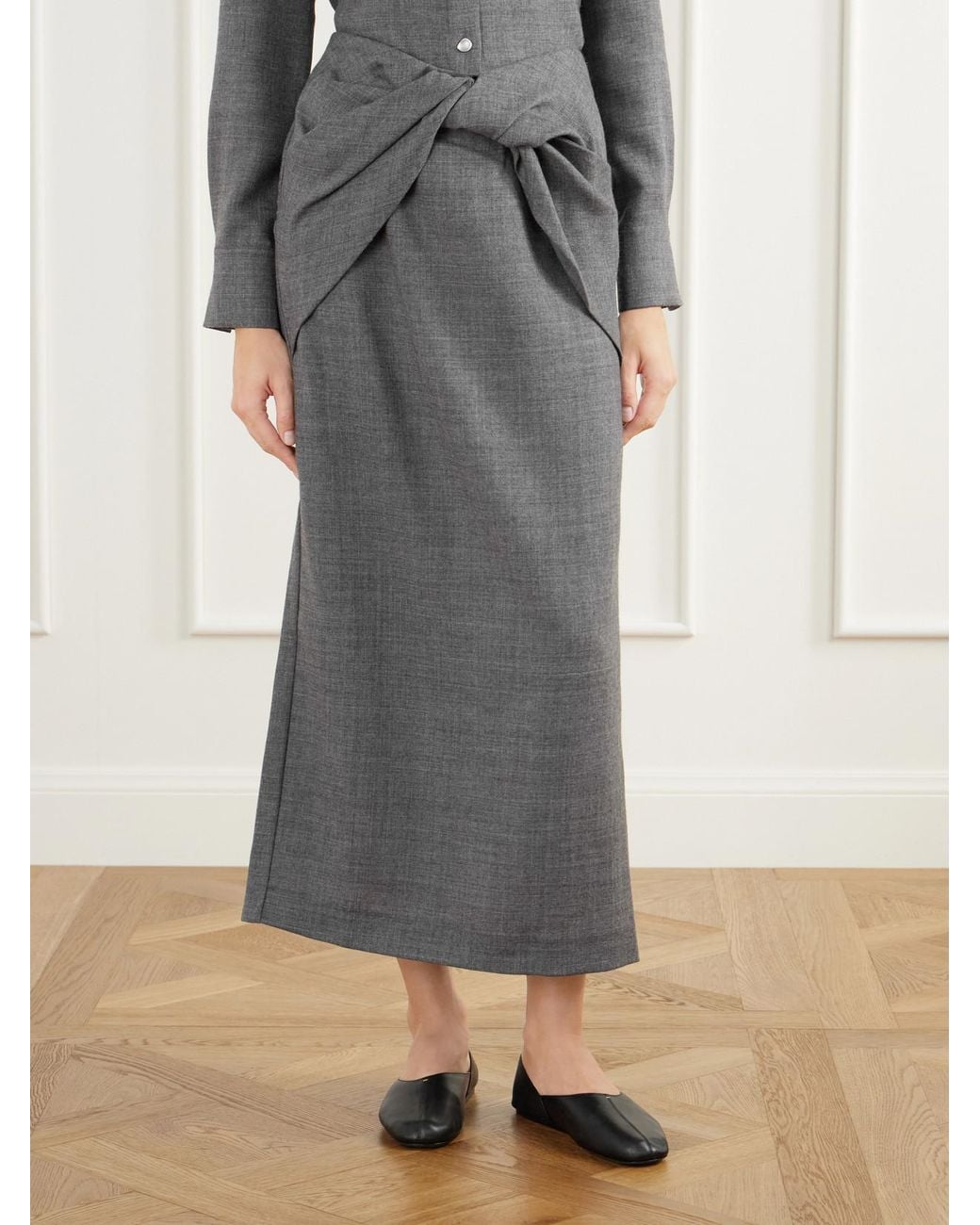 TOVE Gray Hope Knot-Detail Wool-Fresco Midi Skirt