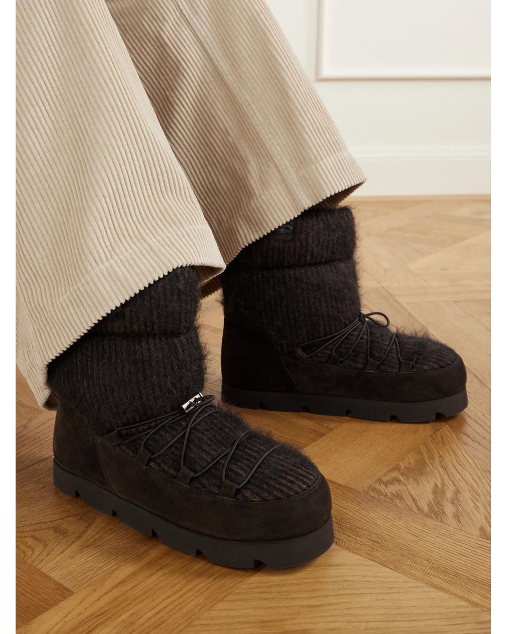 Brunello Cucinelli Black Monili-Embellished Suede-Trimmed Brushed Cashmere Ankle Boots