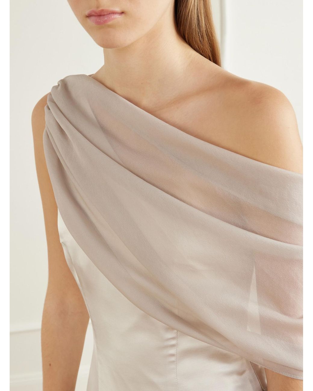 Abadia Natural Gwyneth Asymmetric Draped Satin-Trimmed Gerogette Gown