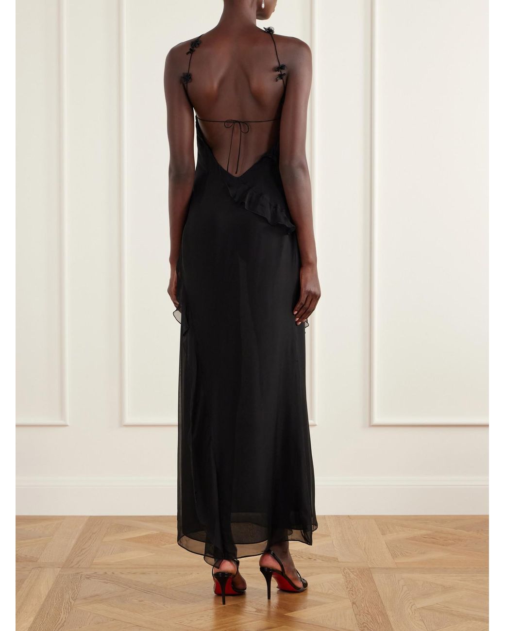Sir Black Ysia Embellished Ruffled Halterneck Silk-Crepe Maxi Dress