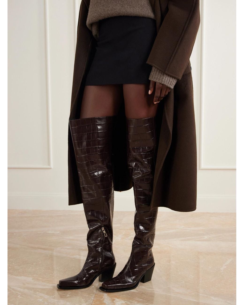 Sportmax Black Zuppa 70 Croc-Effect Leather Over-The-Knee Boots
