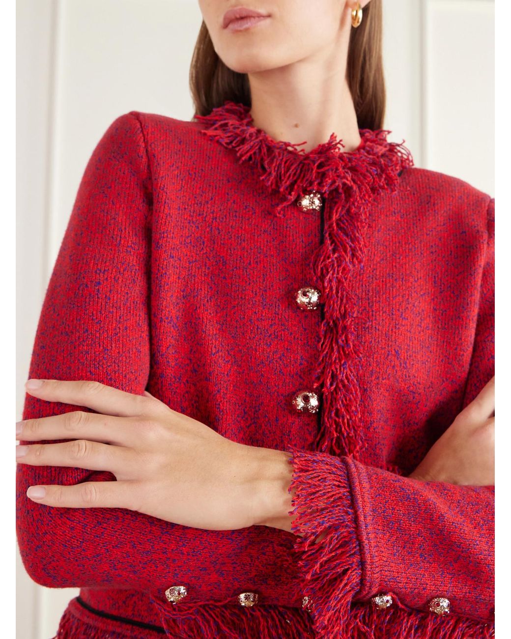 Self-Portrait Red Cropped Frayed Wool And Cotton-Blend Knitted Jacket