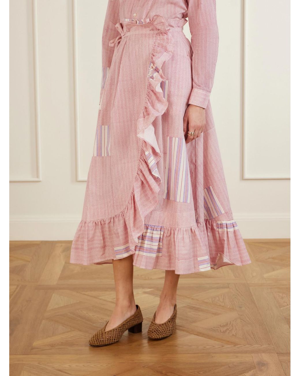Thierry Colson Pink Tasha Ruffled Striped Cotton-Voile Wrap Midi Skirt