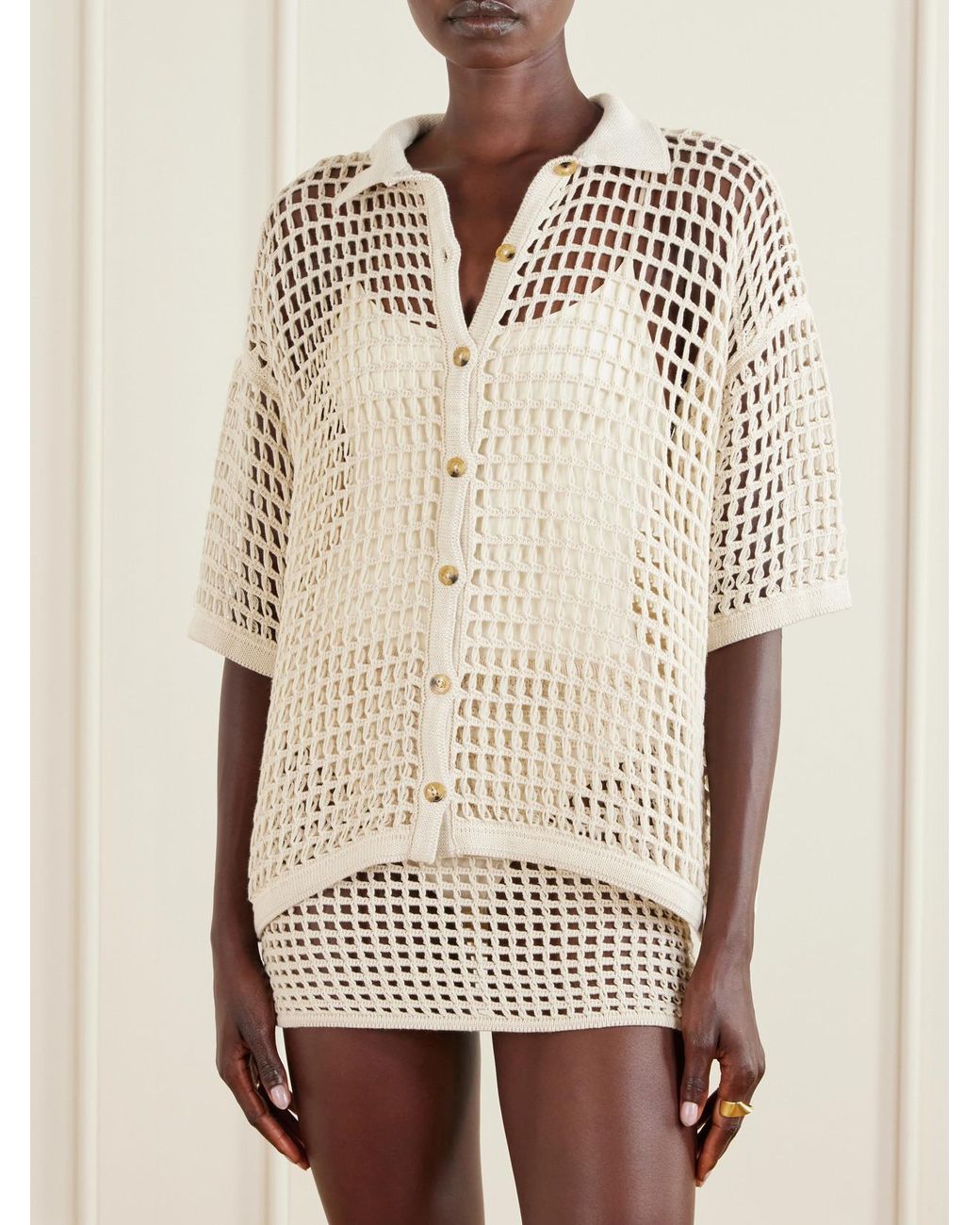 Haight Natural Sheila Open-Knit Cotton-Blend Blouse