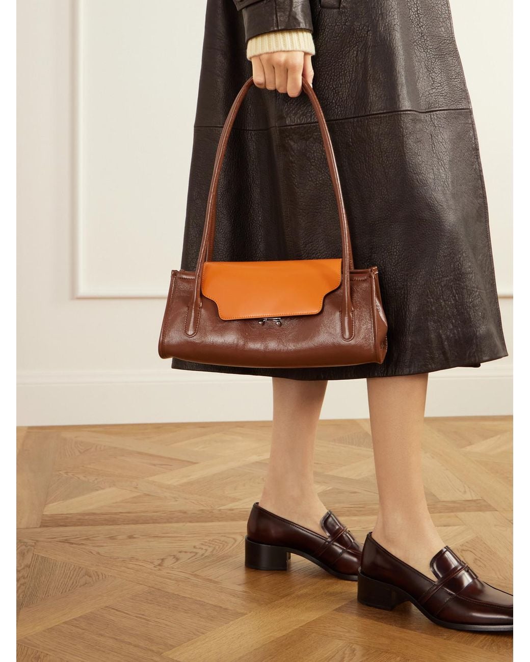 Marni Orange Trunkette Two-Tone Crinkled Leather Shoulder Bag
