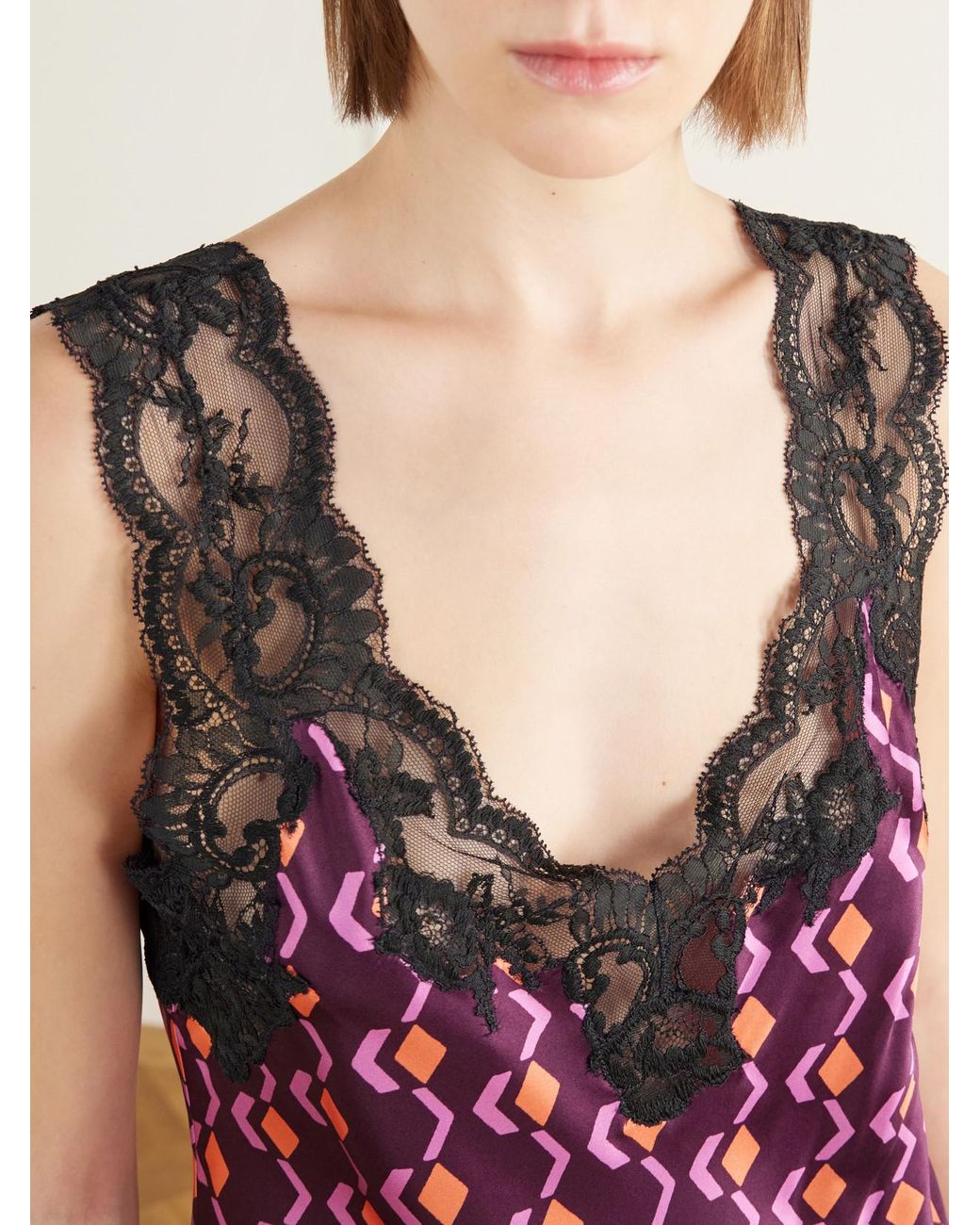 Rabanne Red Printed Lace-Trimmed Silk-Satin Cami