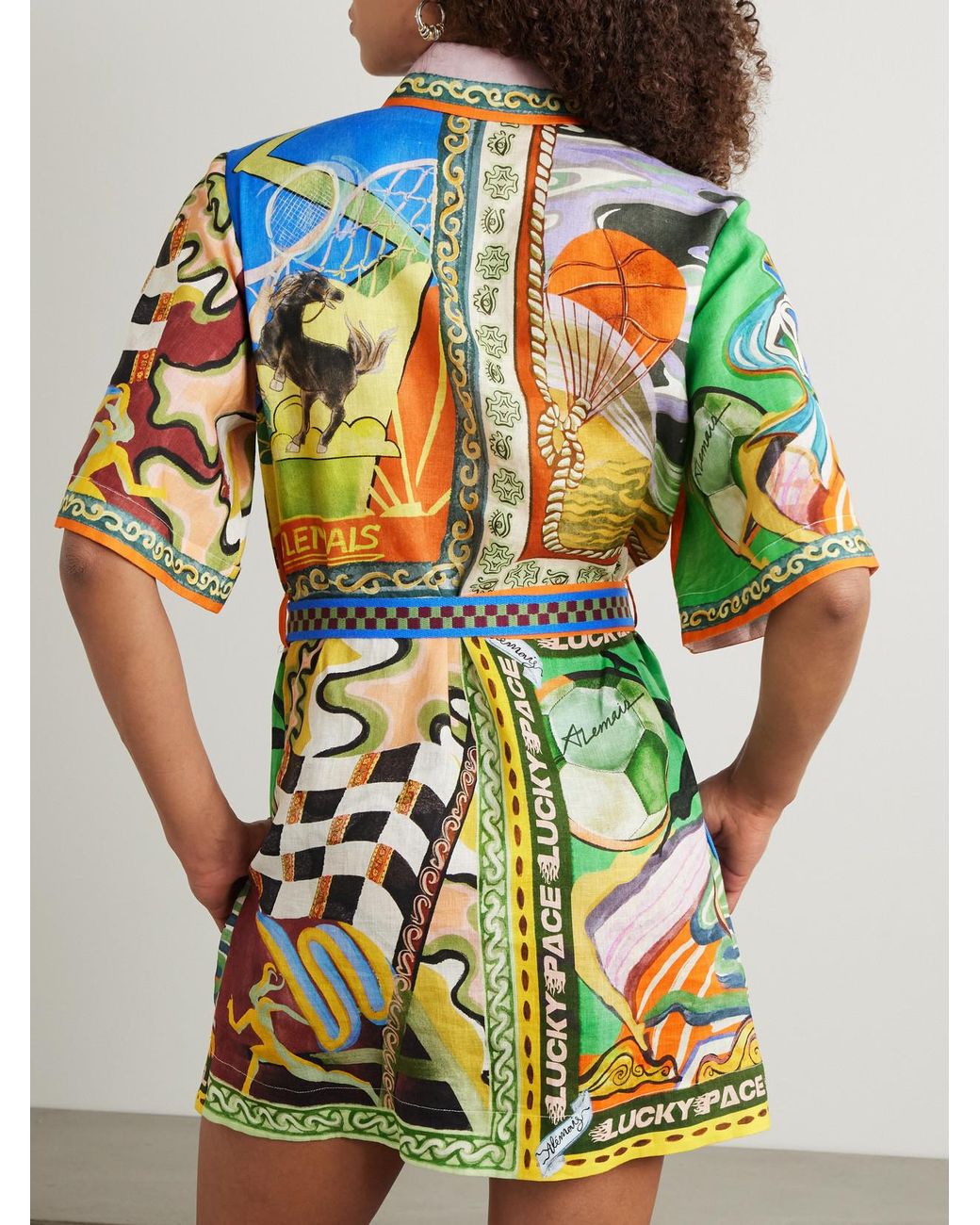 alemais lucky pace mini dress ALMAIS Lucky Pace Linen Short-Sleeve Belted Mini Shirt Dress