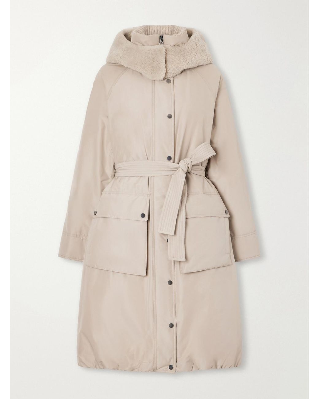 Brunello Cucinelli Natural Hooded Belted Plush-Trimmed Cotton-Blend Shell Down Coat
