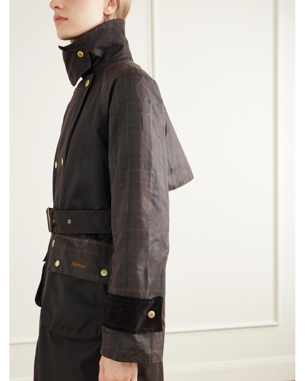 Barbour Black Elva Double-Breasted Belted Corduroy-Trimmed Waxed Cotton-Canvas Coat