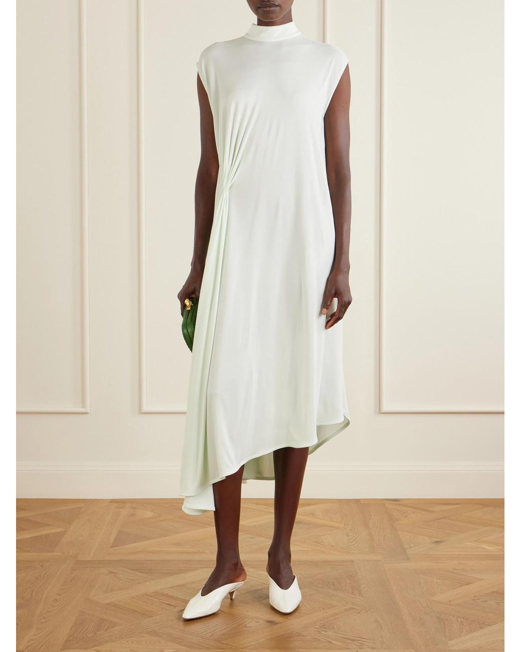 Bottega Veneta White Gathered Cady Midi Dress
