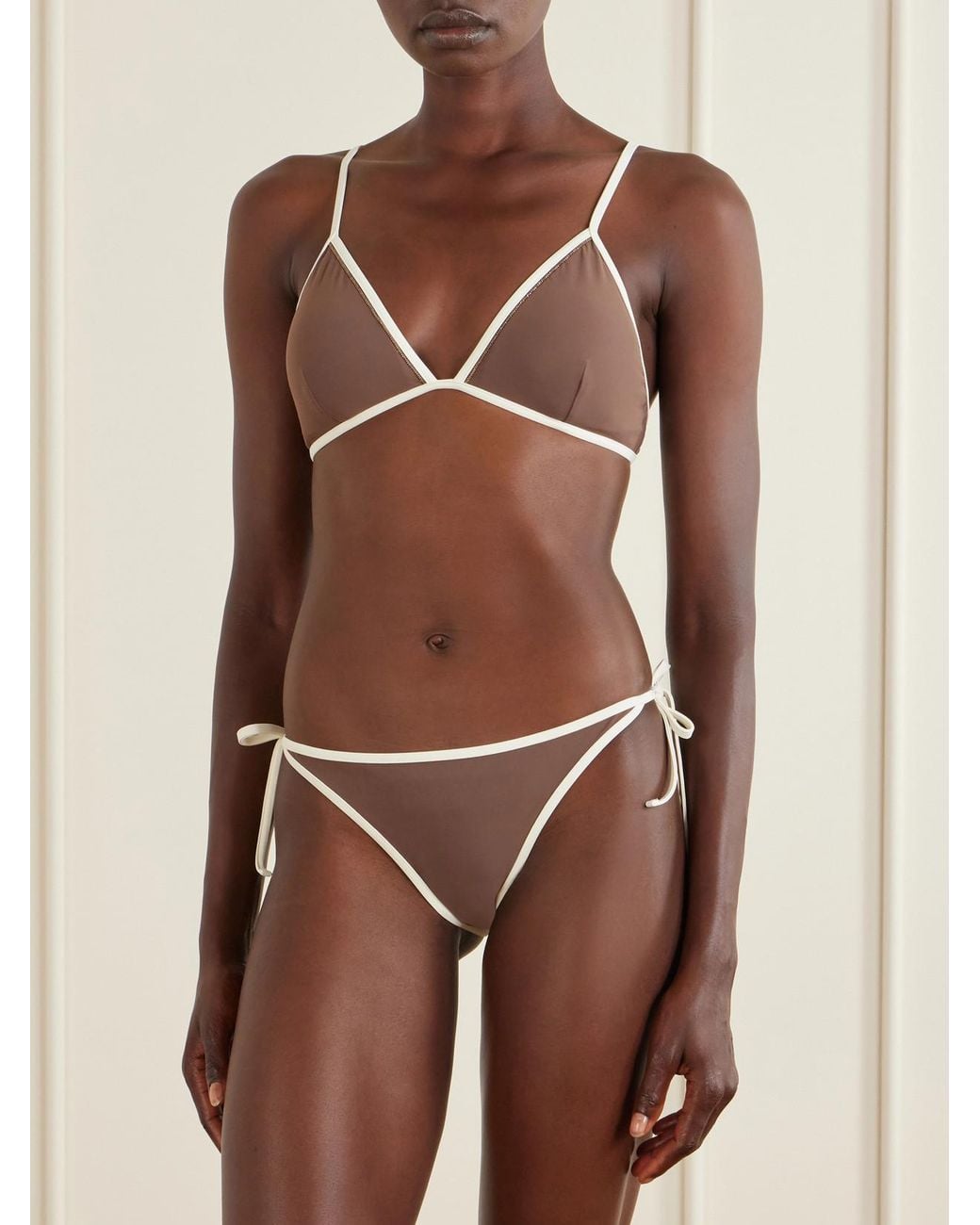 Brunello Cucinelli Natural Bead-Embellished Triangle Bikini Top