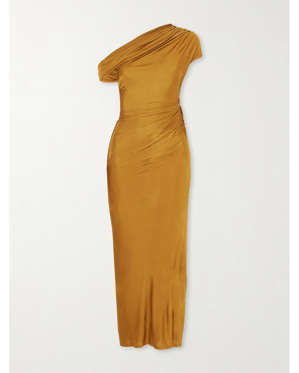 Galvan Metallic Off-The-Shoulder Draped Satin-Jersey Maxi Dress