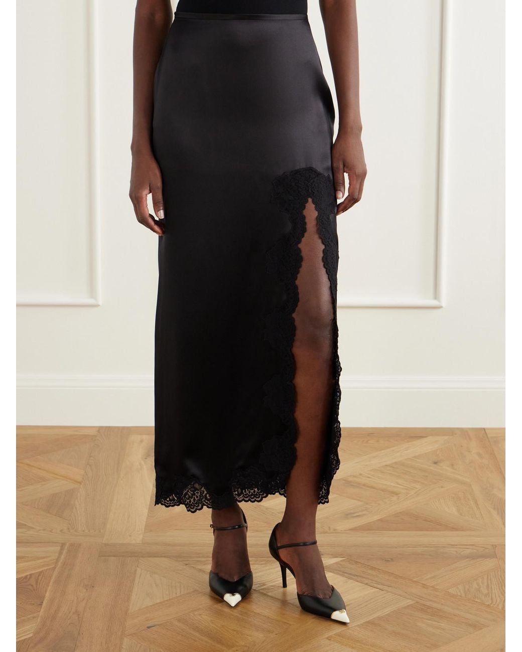 Valentino Garavani Blue Lace-Trimmed Silk-Satin Midi Skirt