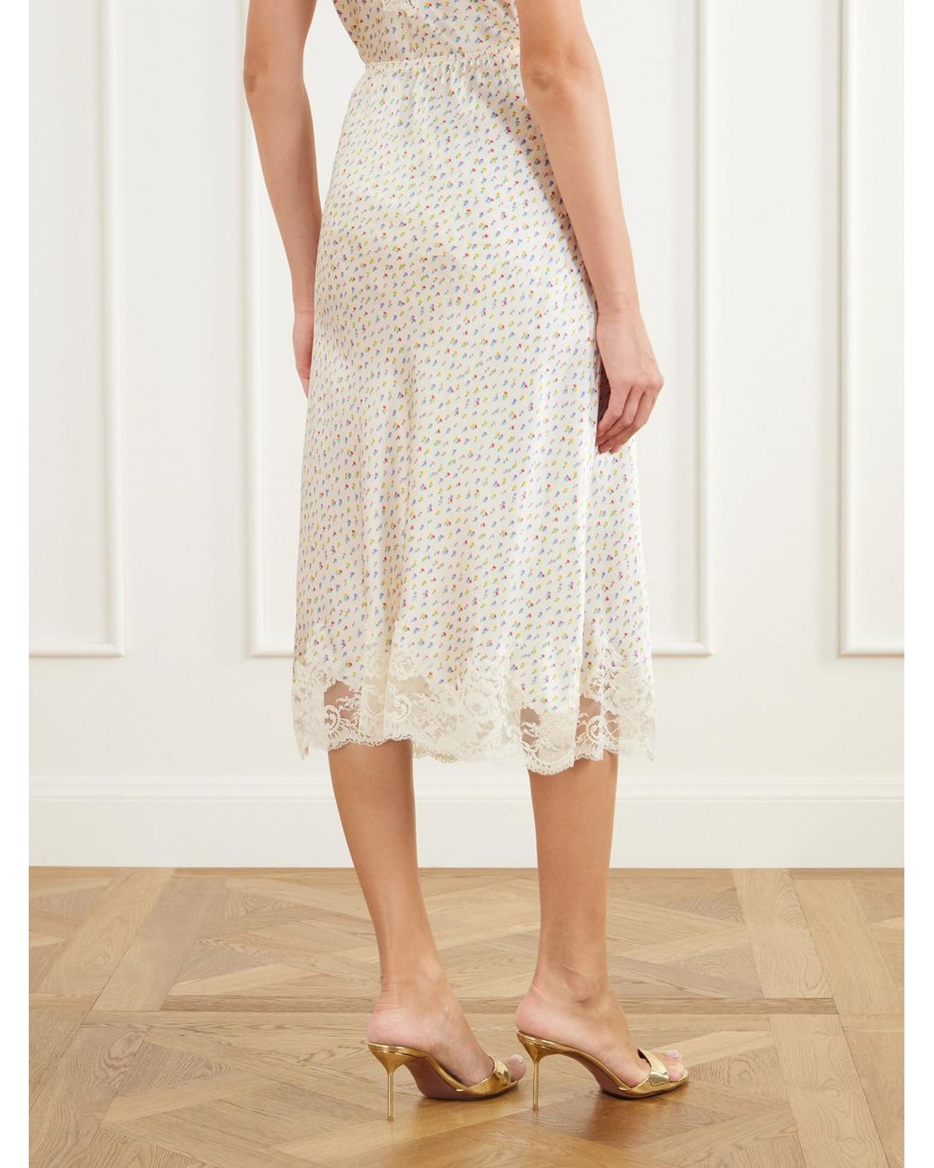 Rabanne White Floral-Print Lace-Trimmed Silk-Satin Midi Skirt