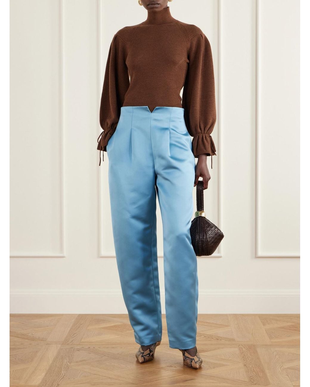 Ulla Johnson Blue Edlyn Pleated Duchess-Satin Mid-Rise Barrel-Leg Pants