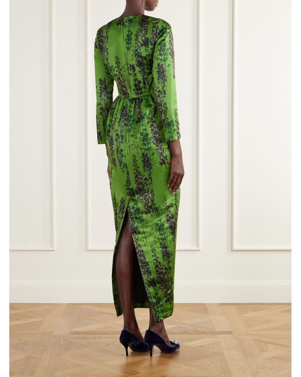 BERNADETTE Green Lenny Gathered Floral-Print Satin Midi Dress