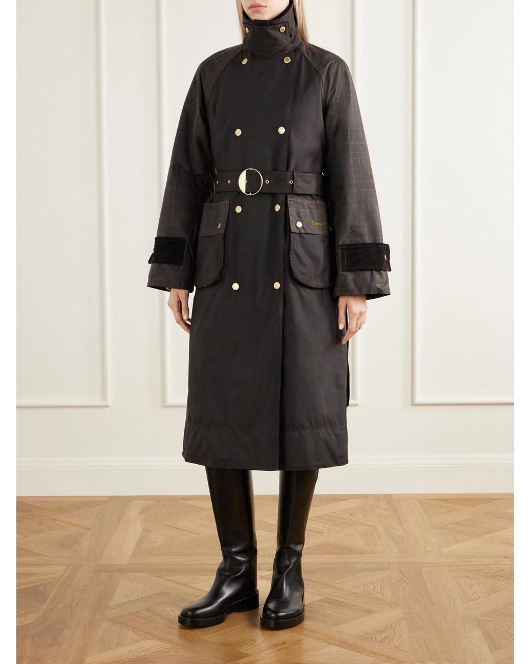 Barbour Black Elva Double-Breasted Belted Corduroy-Trimmed Waxed Cotton-Canvas Coat