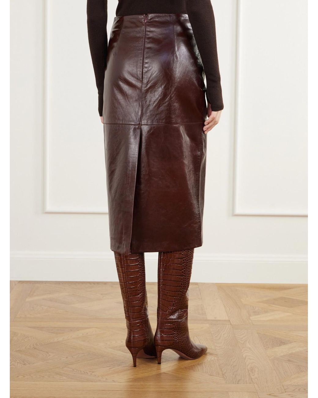 Sportmax Brown Lappole Paneled Glossed-Leather Midi Skirt