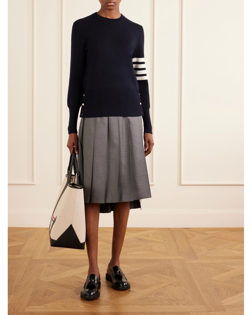 Thom Browne Blue Grosgrain-Trimmed Striped Wool Sweater