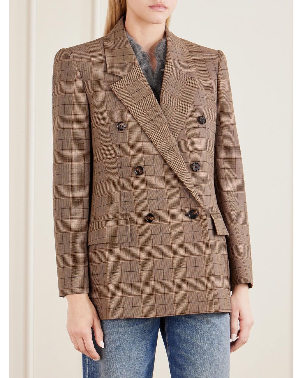 Chloé Brown Double-Breasted Checked Wool Blazer