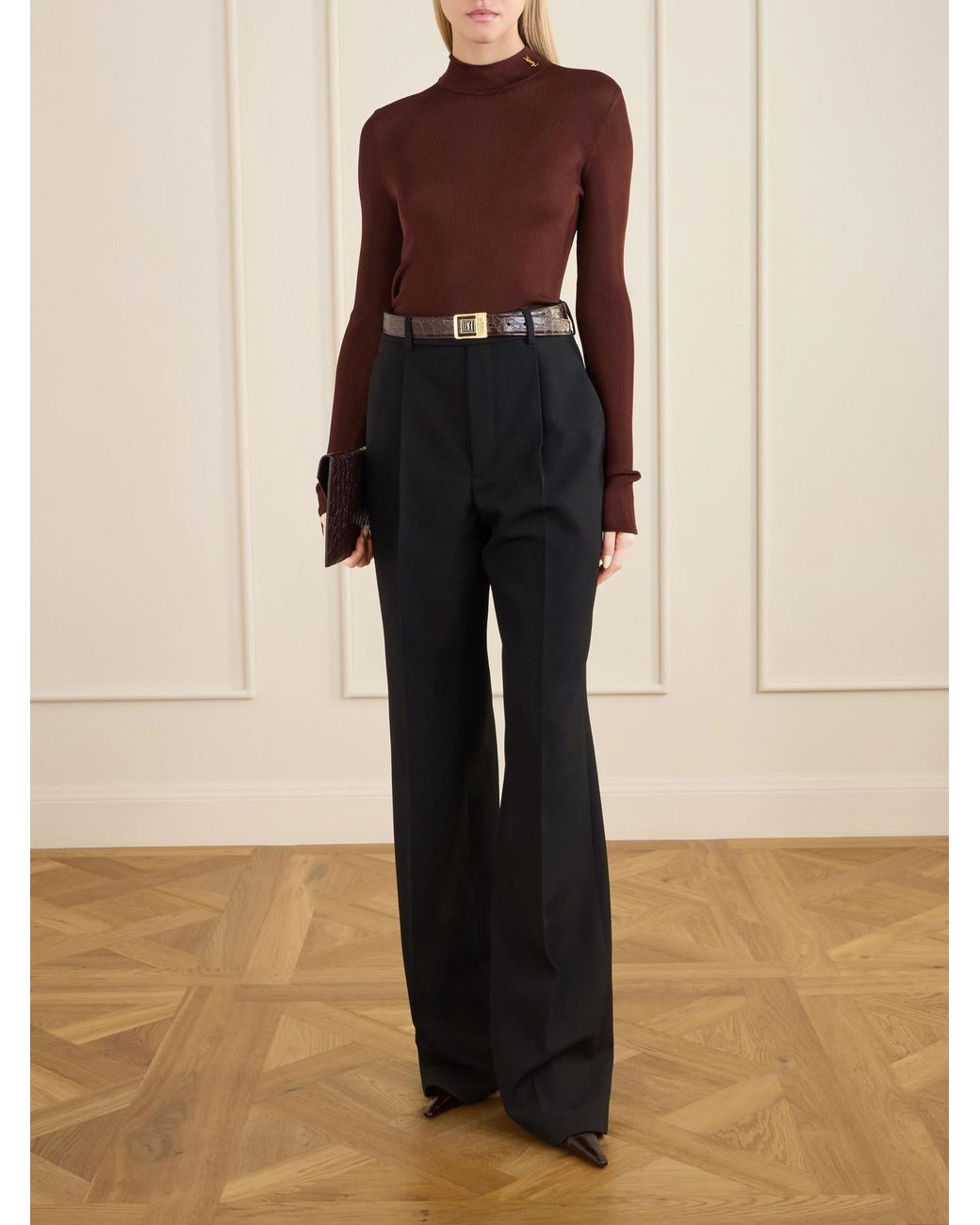 Saint Laurent Brown Cassandre-Embellished Ribbed Silk Top