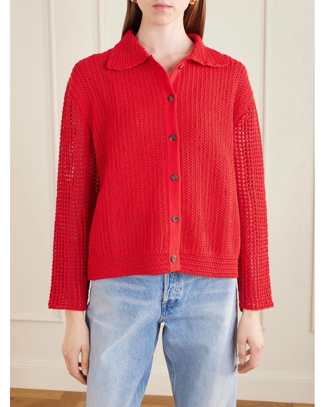 Escvdo Red Solar Open-Knit Cotton Cardigan