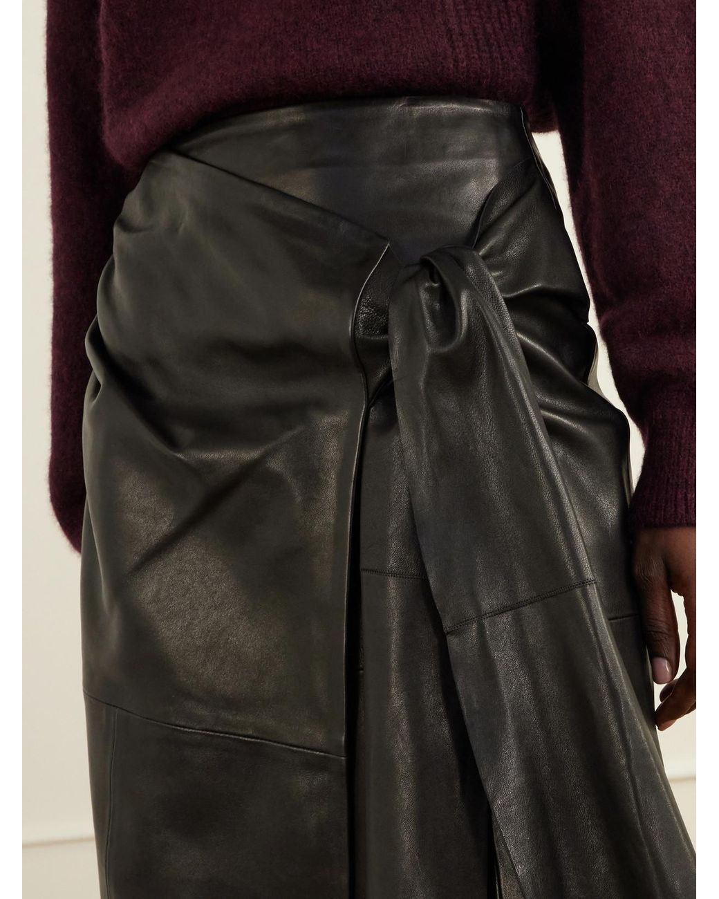 Nour Hammour Black Viret Knotted Paneled Leather Midi Skirt