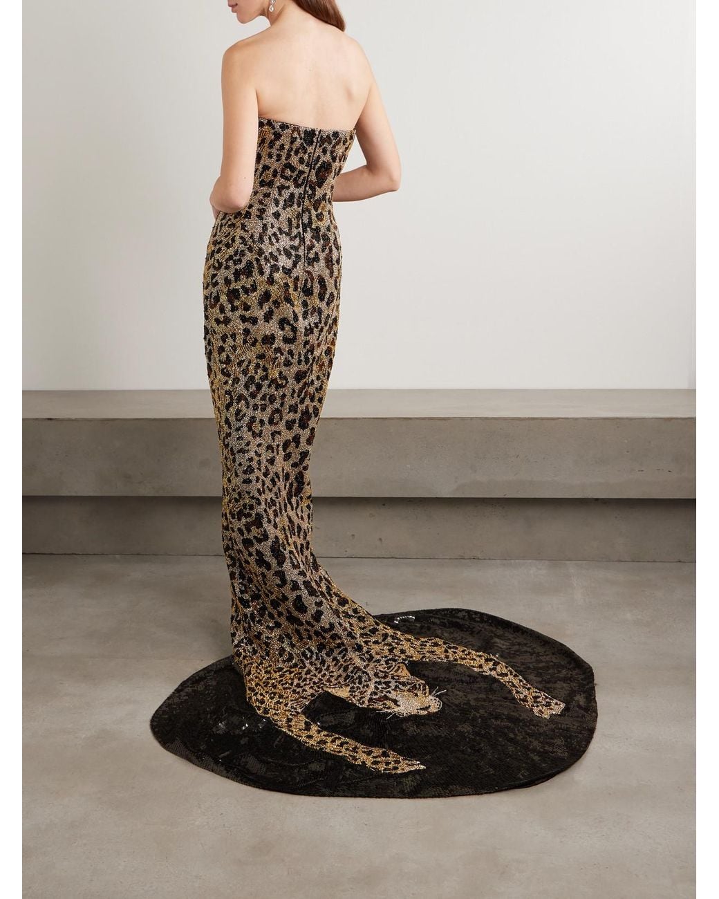 Clio Peppiatt White Naomi Strapless Embellished Leopard-Print Satin Gown