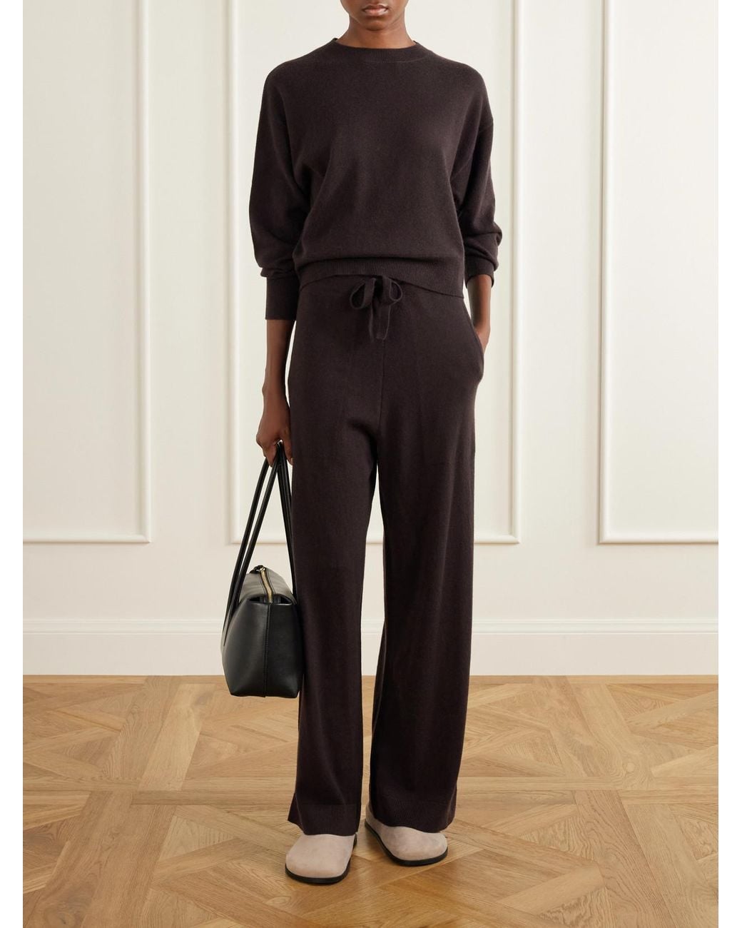 LeKasha Black Suria Ribbed Organic Cashmere Wide-Leg Pants