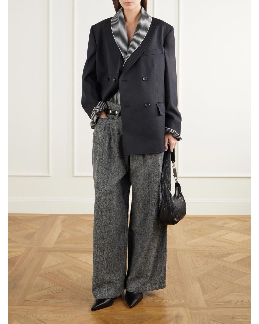R13 Gray Shawl-Collar Striped Poplin Shirt