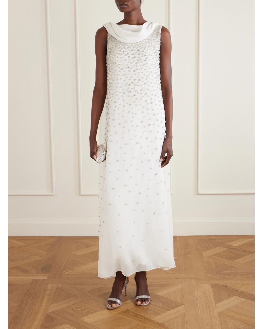 Clio Peppiatt White Kaia Scarf-Detailed Crystal-Embellished Crinkled-Chiffon Gown