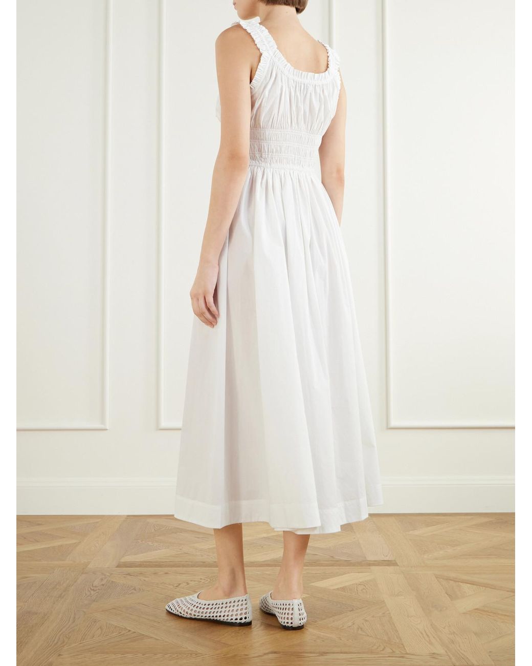 Doen White Emmaretta Tie-Detailed Shirred Cotton-Voile Midi Dress