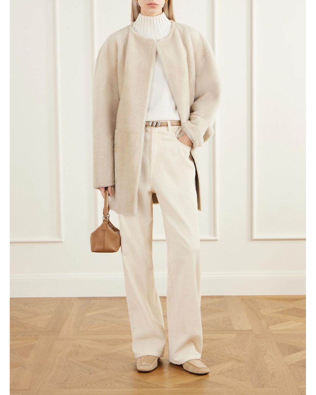 Almala Natural Sasha Collarless Belted Shearling Coat