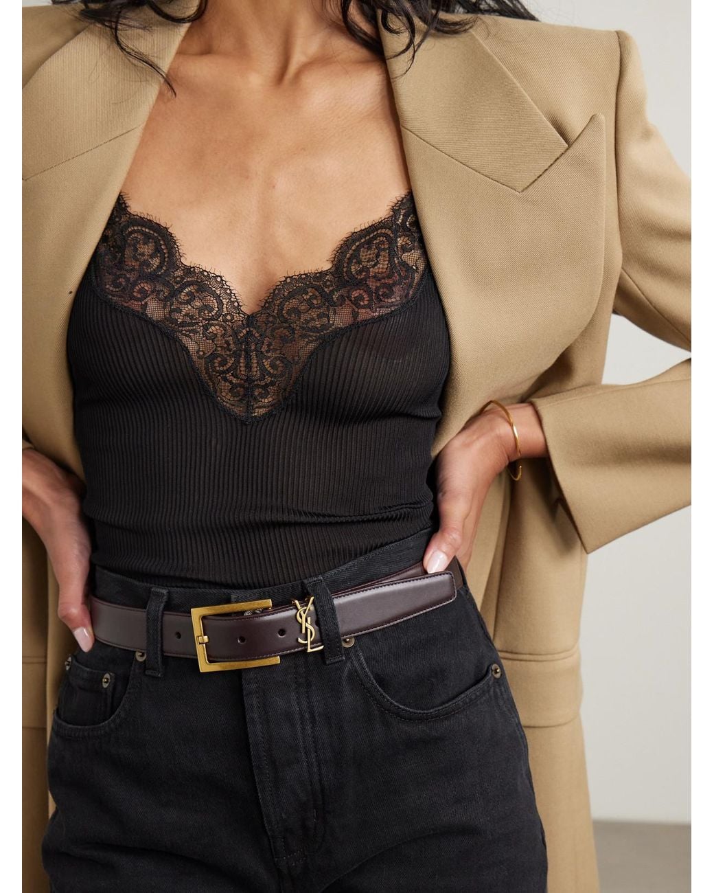 Saint Laurent Brown Cassandre Embellished Leather Belt