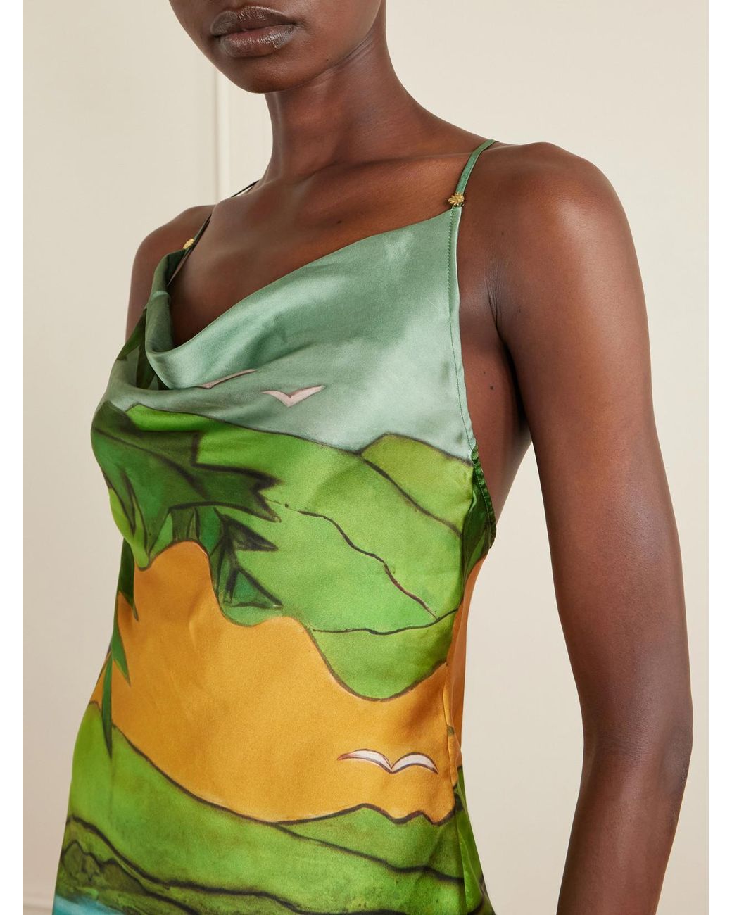 Donde Esteban Green Magdalena Draped Printed Silk-Blend Satin Mini Dress