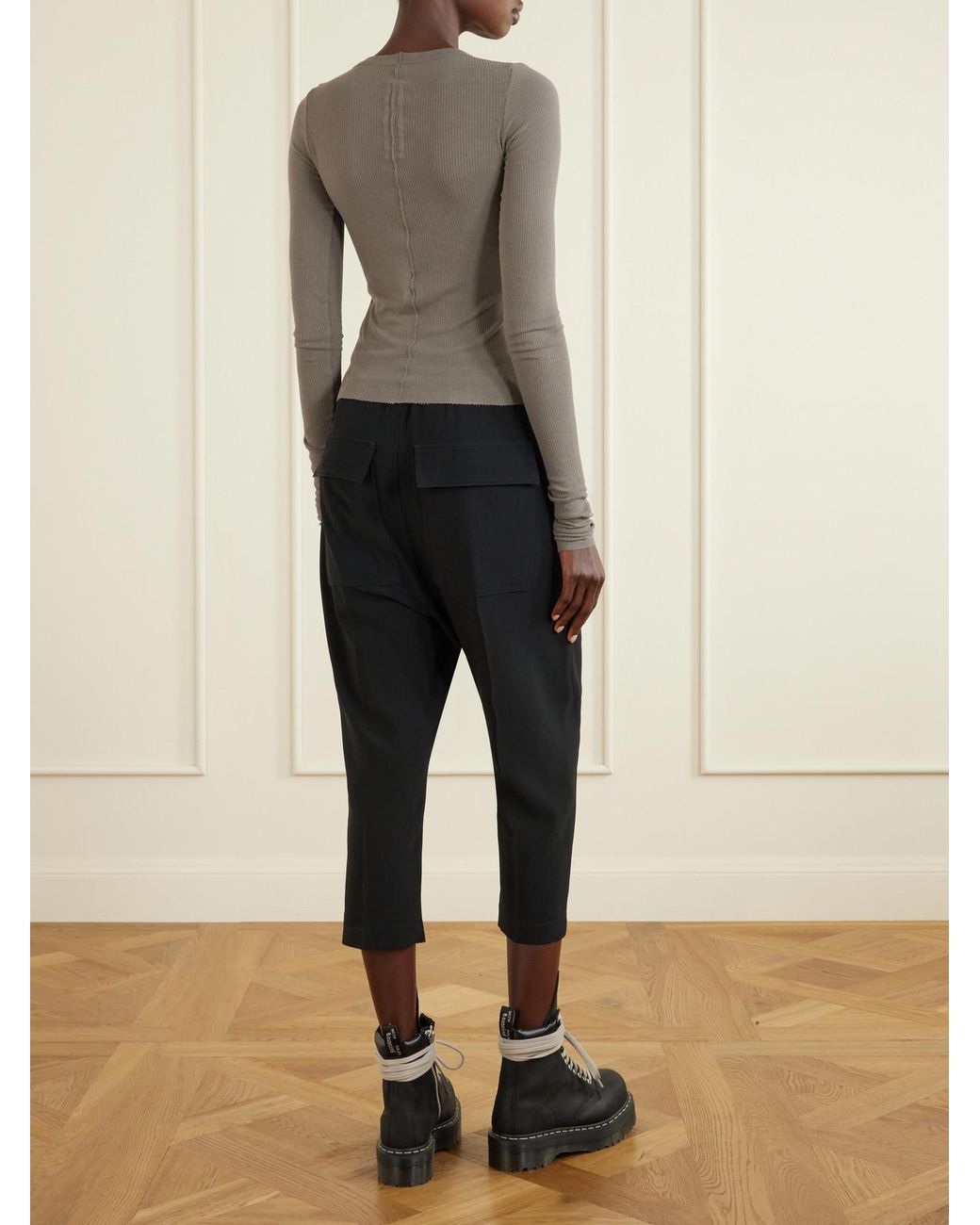 Rick Owens Gray Frayed Ribbed Jersey T-Shirt