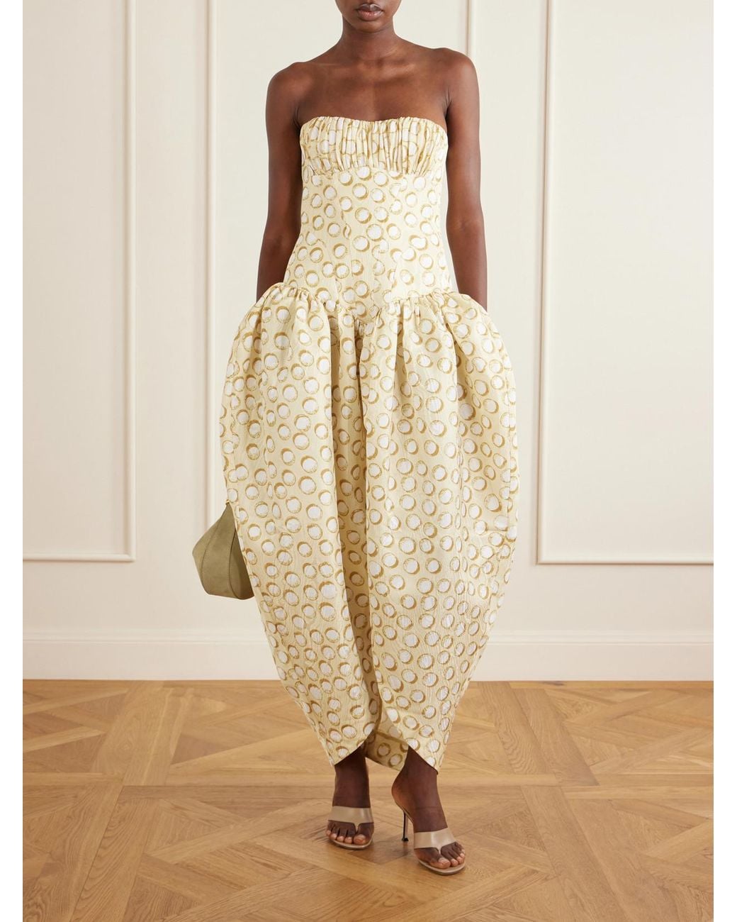 ALÉMAIS White Paula Ruched Printed Brocade Gown